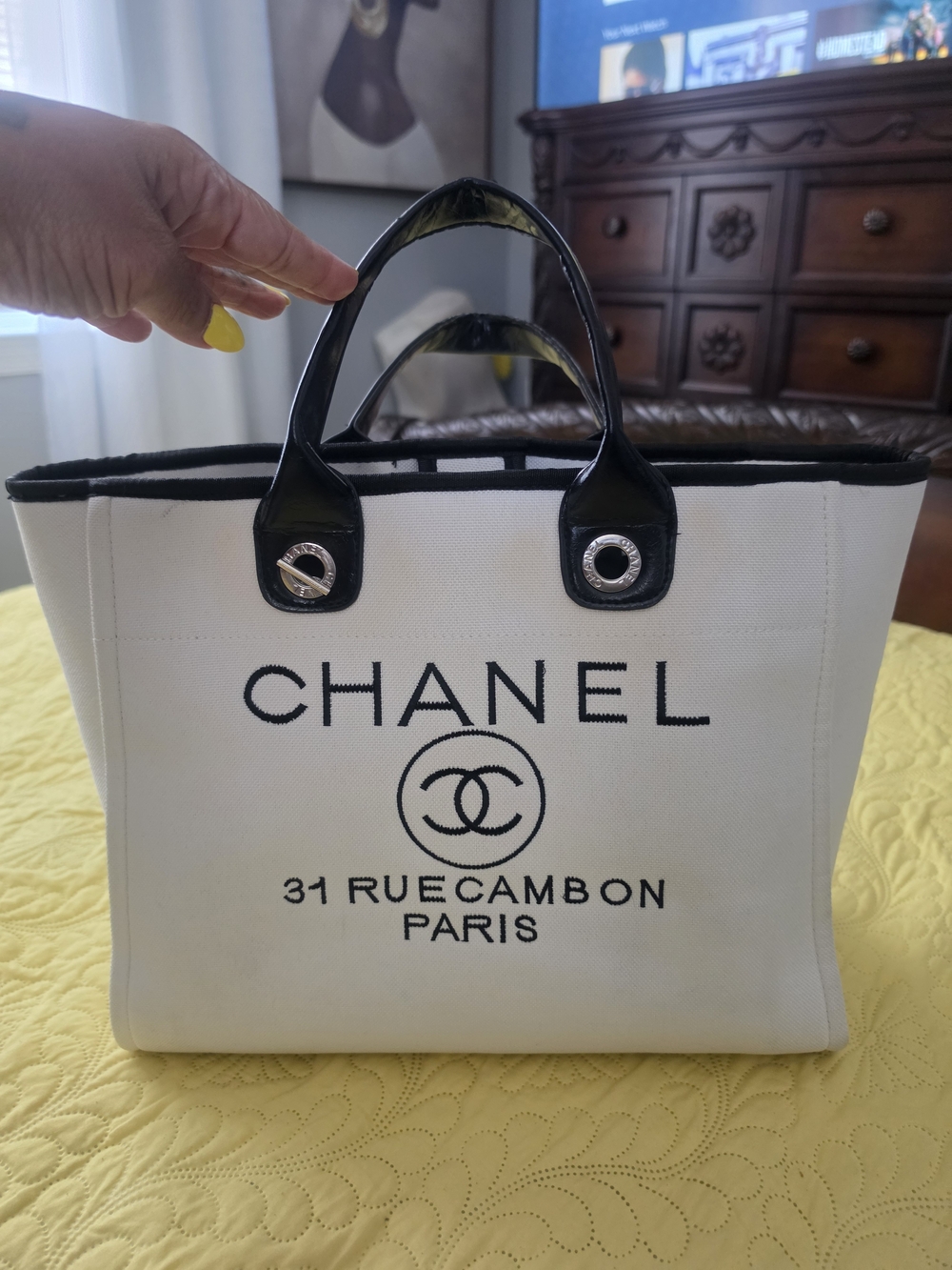 CHANEL White and Black Canvas Large Shopping Tote
